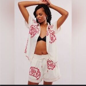 Free People White Embroidered Set with Red Embroidery
